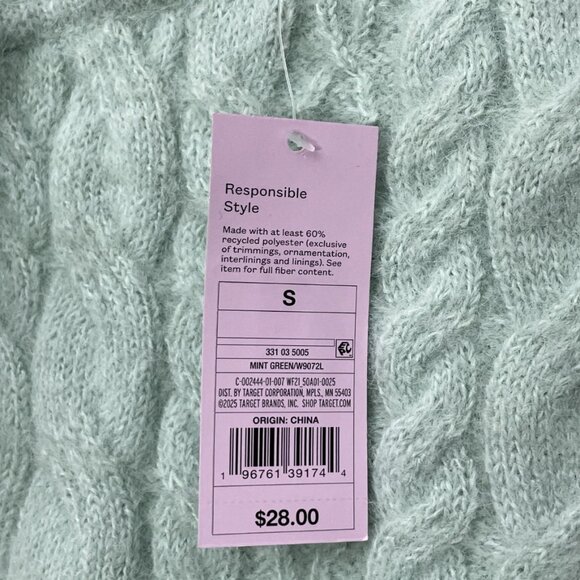 Wild Fable Women’s Cable Knit Sweater Mint Green One Shoulder Tie Size Small NWT - Picture 4 of 9